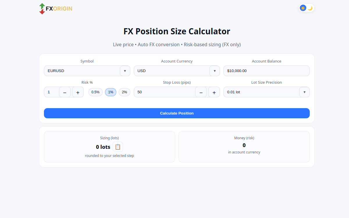 FX Origin forex calculator tool by Hola Digital