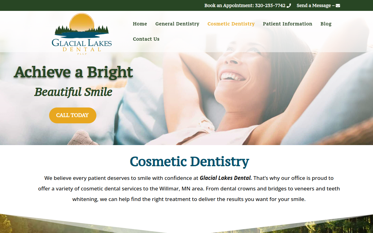 Glacial Lakes Dental website screenshot