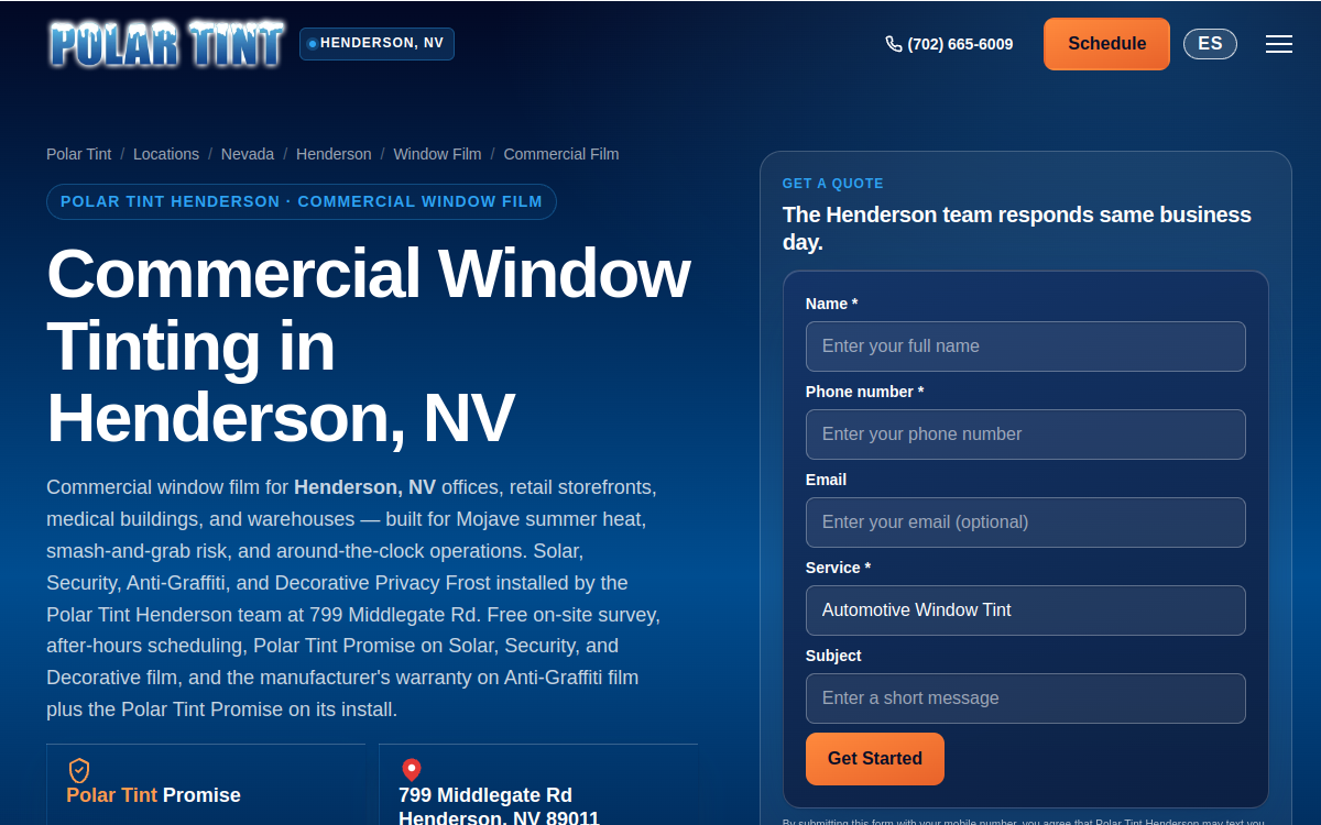 Polar Tint - Henderson NV website screenshot
