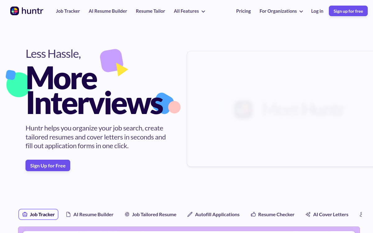 Huntr AI Resume Builder website preview
