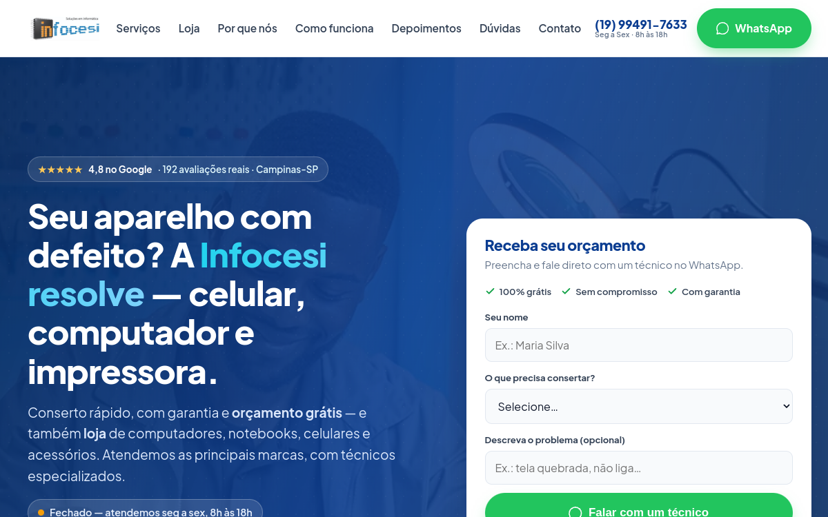 Página inicial do site Infocesi