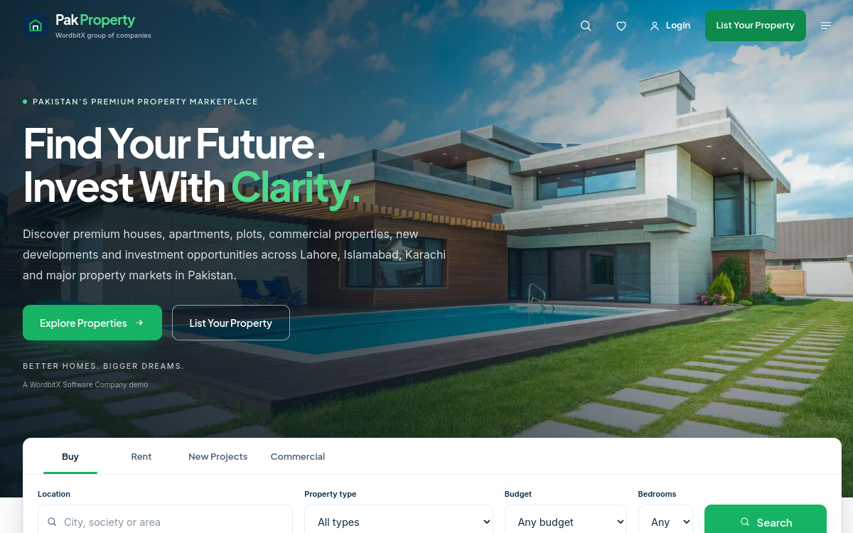 Pakistan Real Estate — WordbitX live demo website screenshot