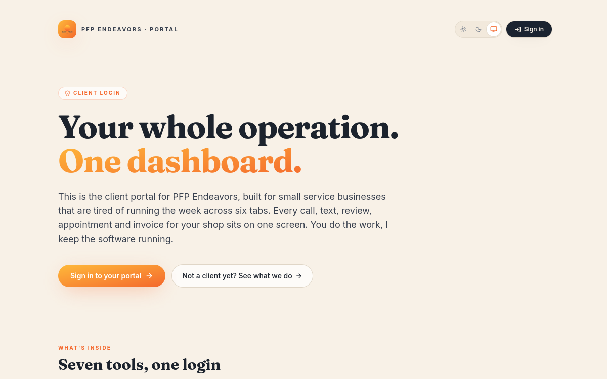 Live software · PFP Endeavors Client Portal