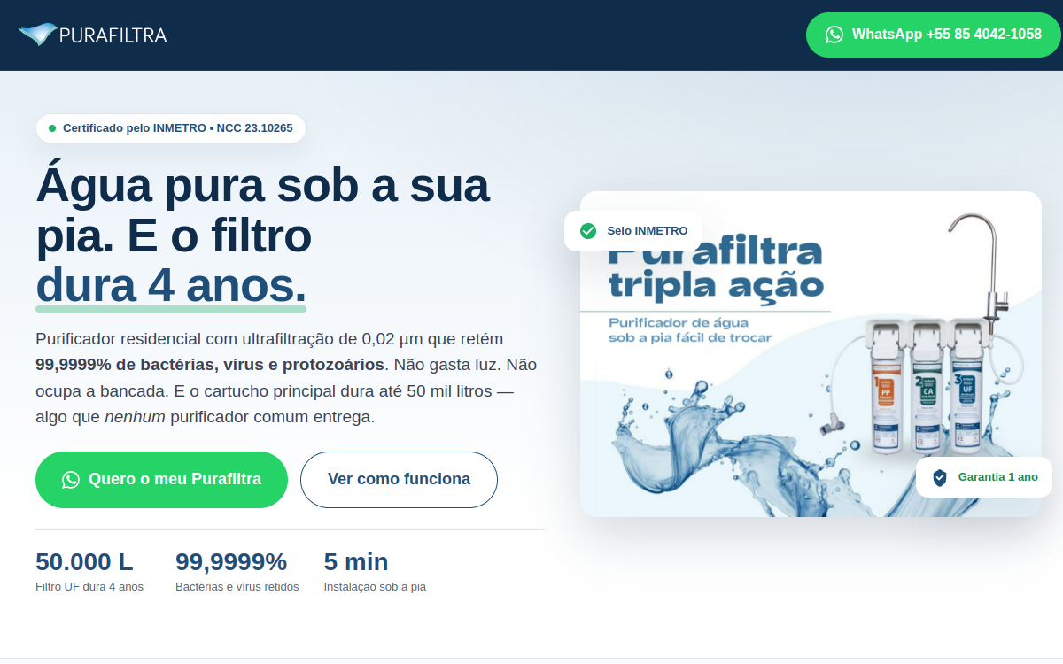 Página inicial do site Purafiltra