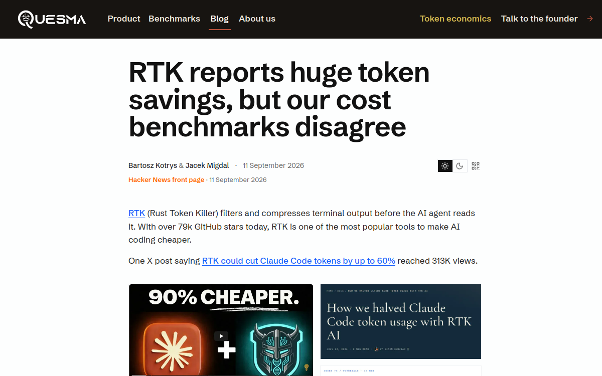 RTK reports token savings, but our cost benchmarks disagree website preview