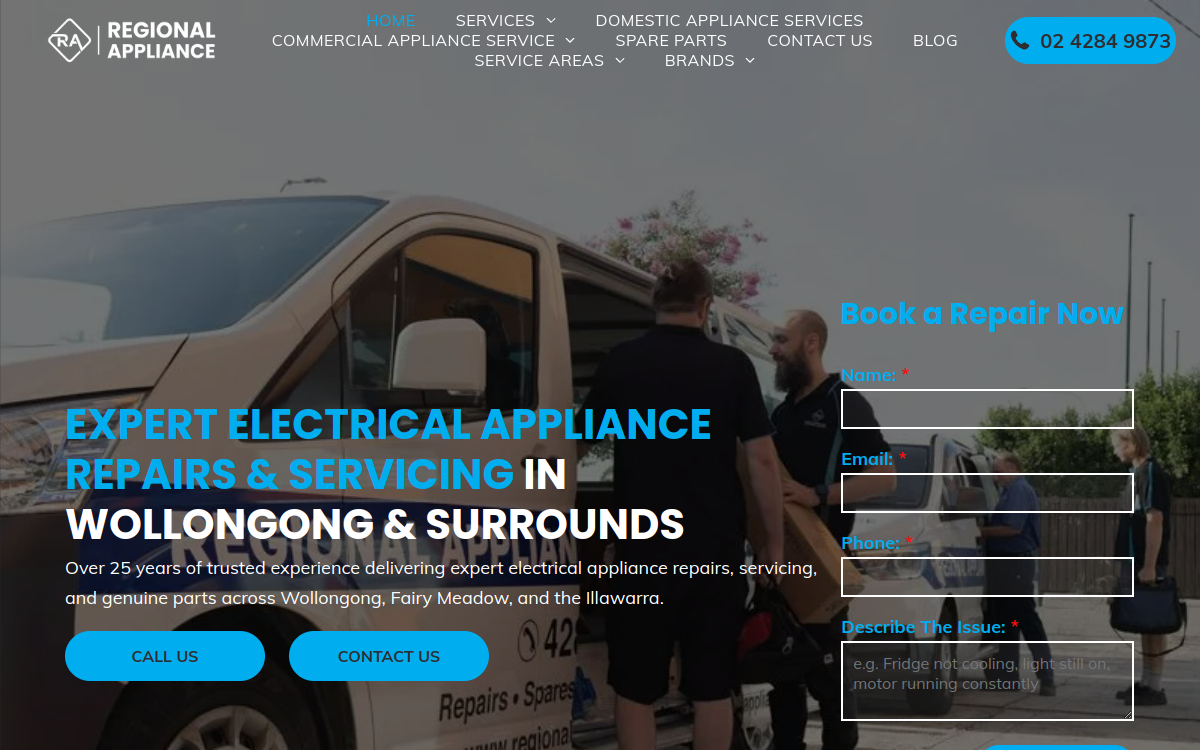 Regional Appliance & Electrical Services website screenshot