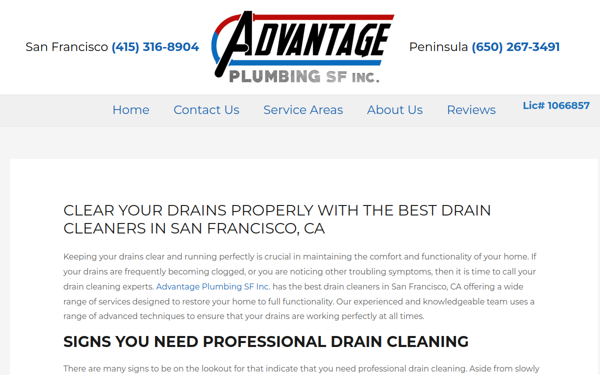 Advantage Plumbing SF, inc website screenshot