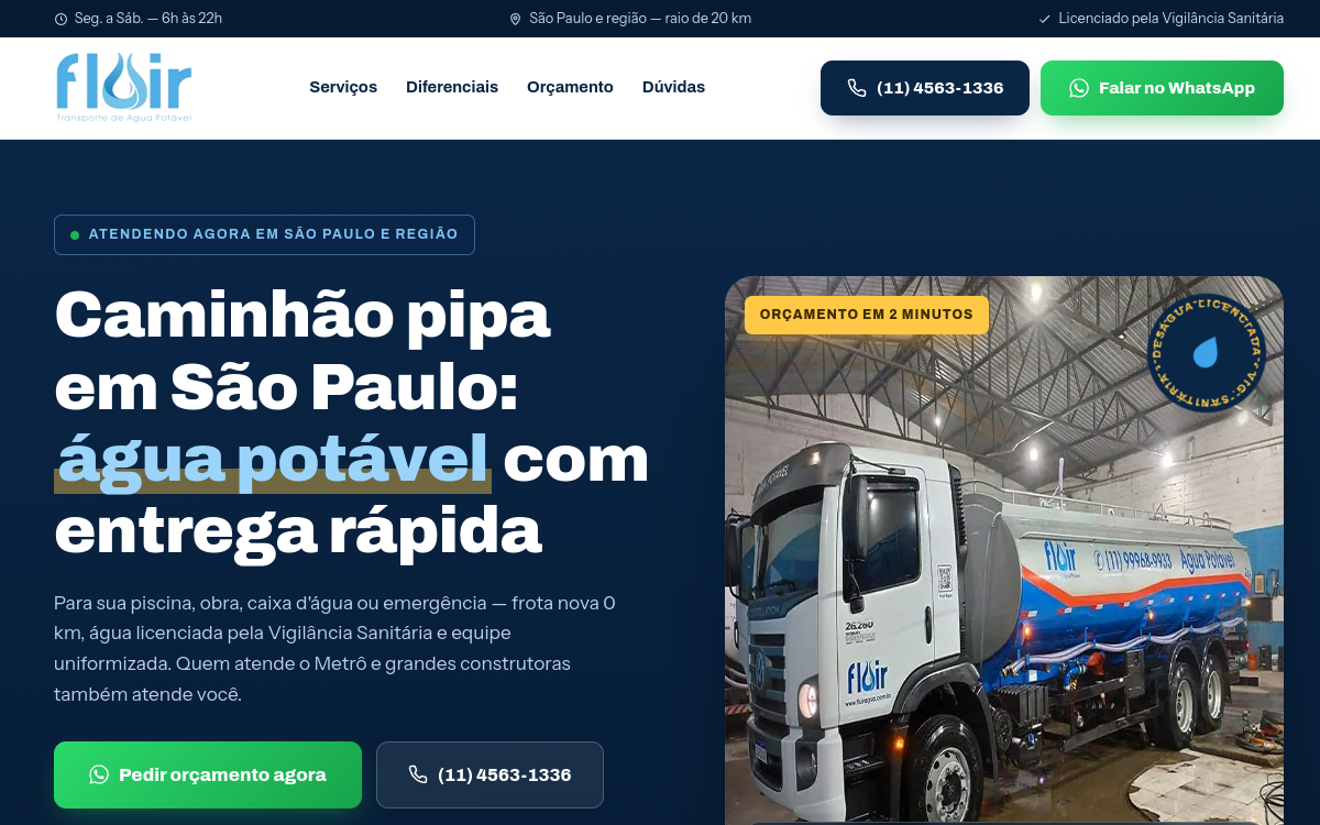 Página inicial do site Fluir Água