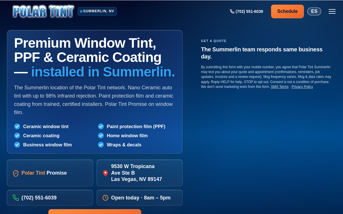 Polar Tint - Summerlin NV website screenshot