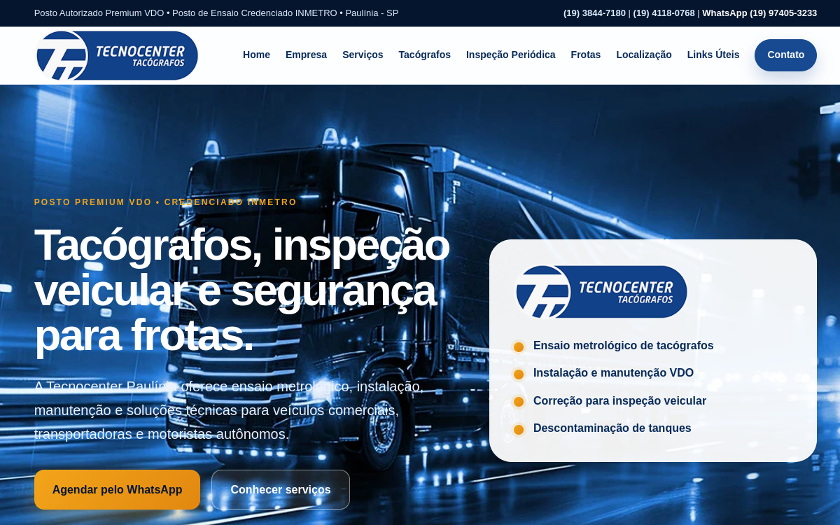 Página inicial do site Tecnocenter Tacógrafos