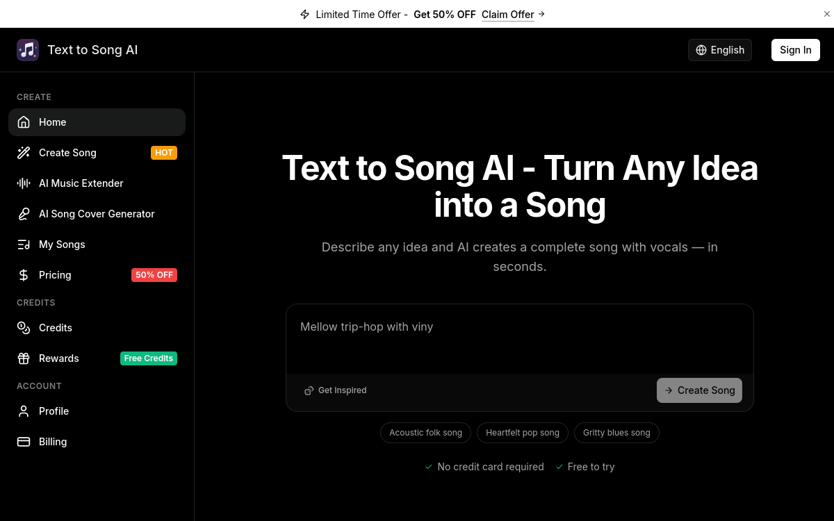 Screenshot di Text to Song AI