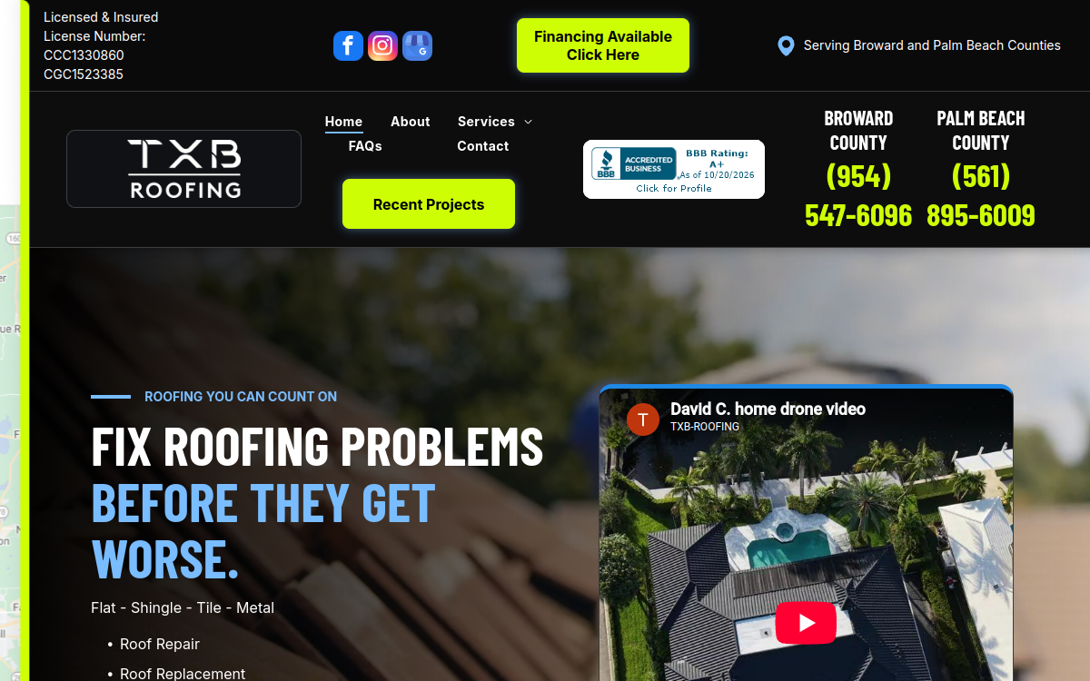 TXB Roofing website screenshot