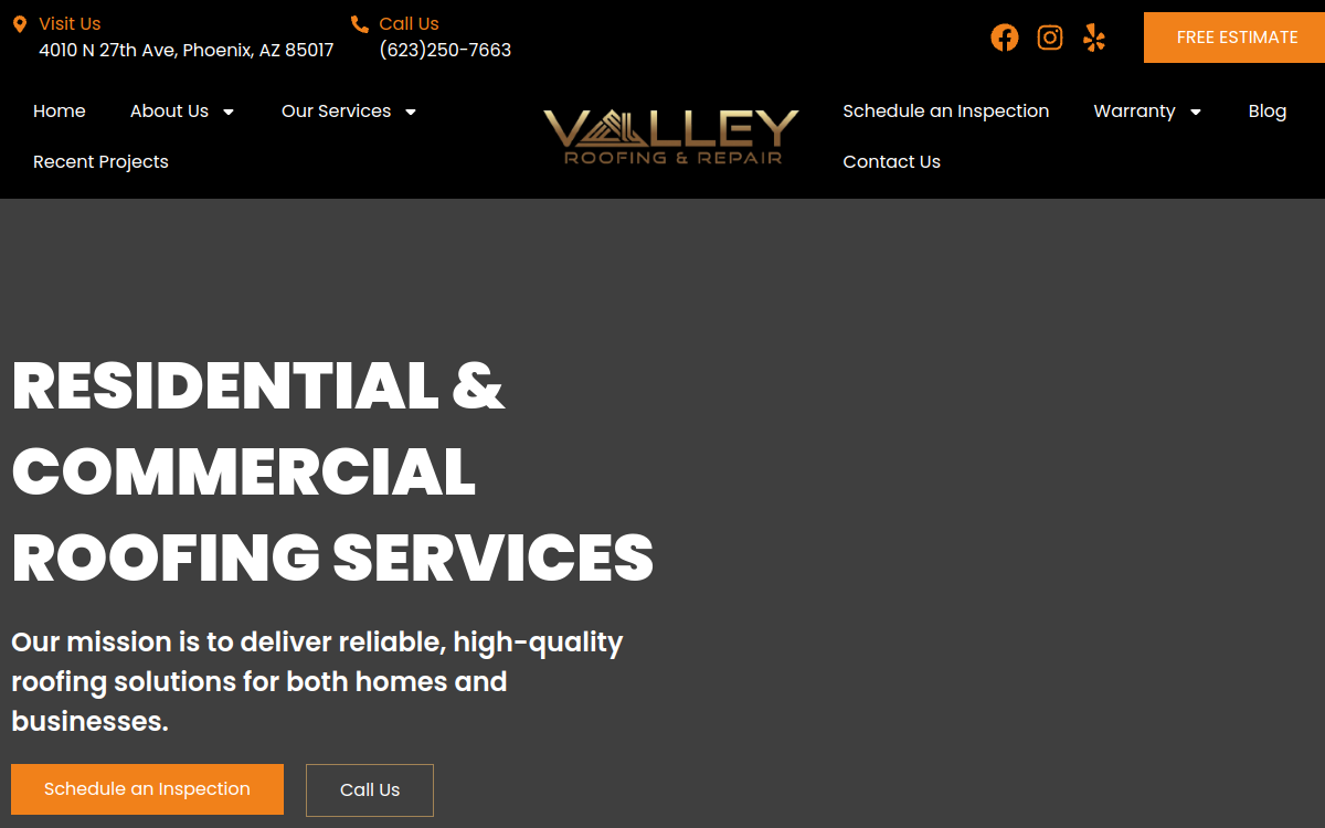 Valley Roofing and Repair website screenshot