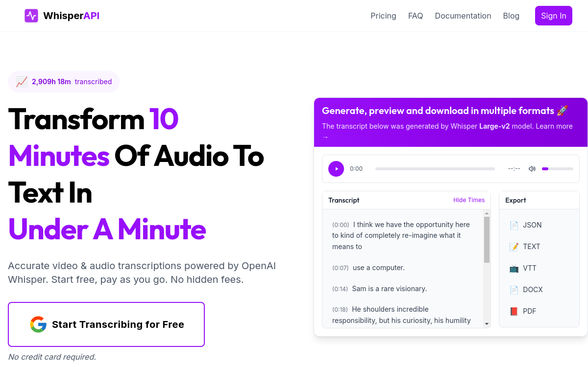Whisper API website preview
