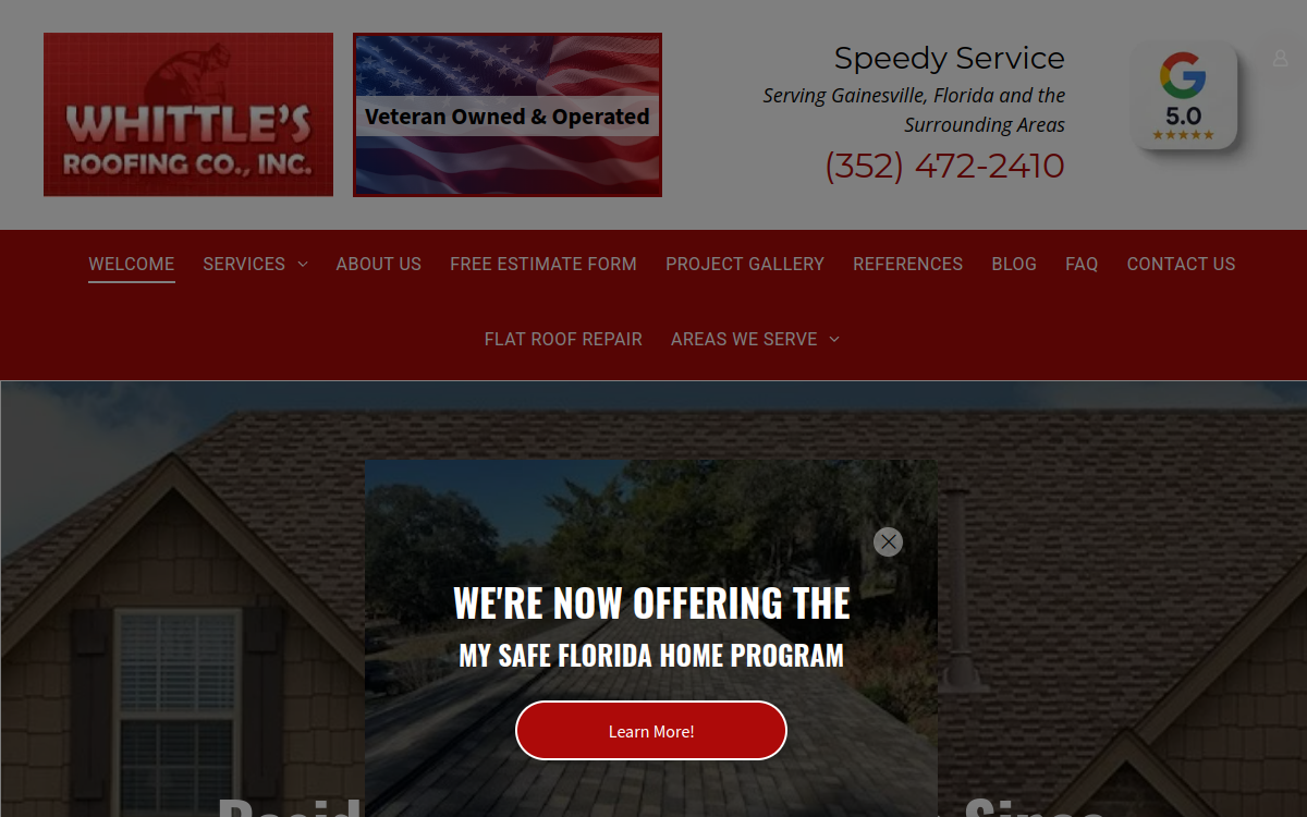 Whittle's Roofing Co Inc website screenshot