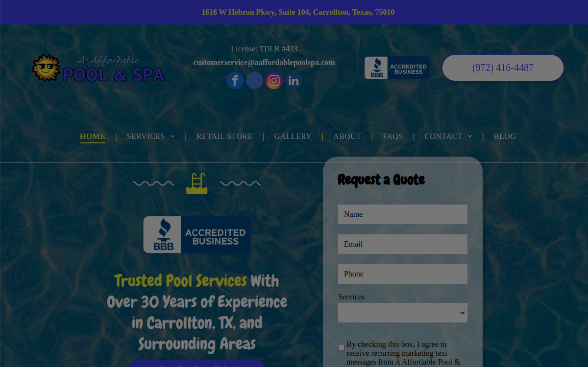 A-Affordable Pool & Spa Service website screenshot