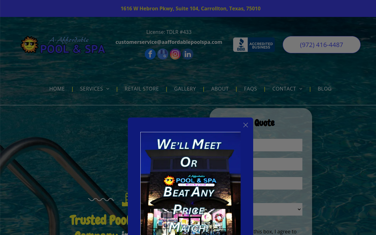 A-Affordable Pool & Spa Service website screenshot