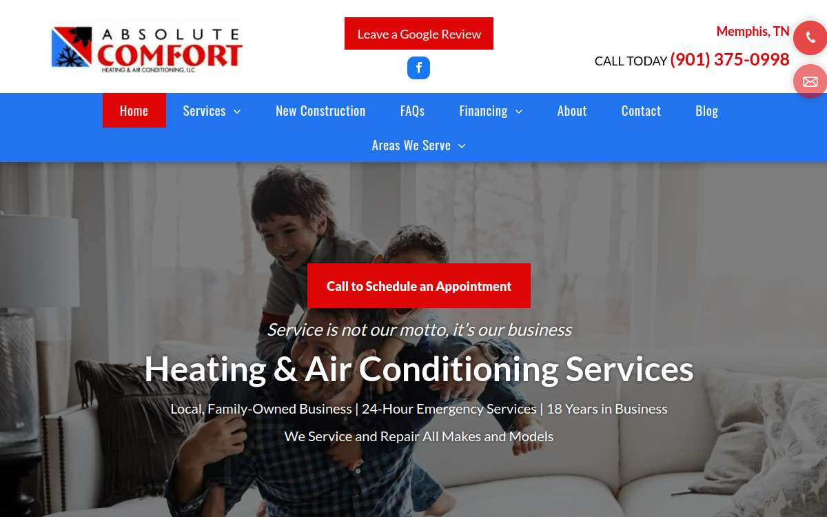 Absolute Comfort Heating & Air Conditioning LLC website screenshot