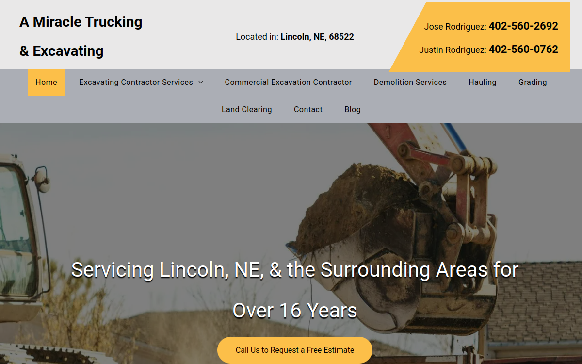 A Miracle Trucking & Excavating website screenshot