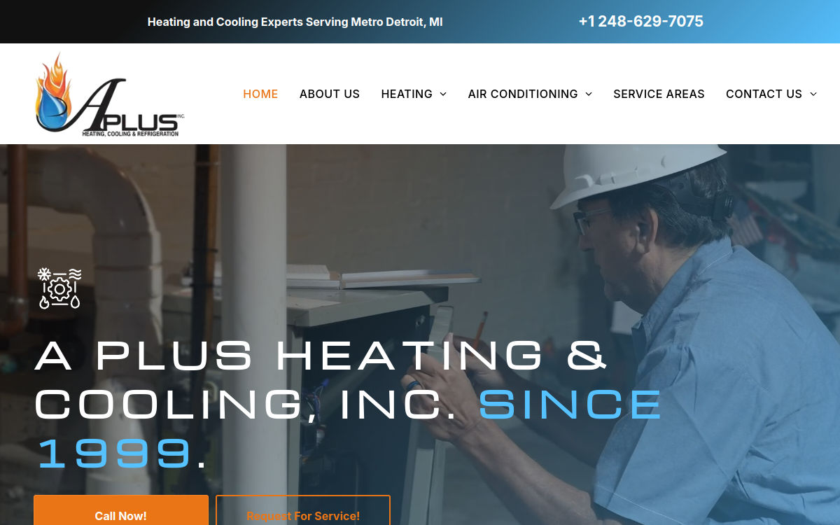 A Plus Heating and Cooling, Inc. website screenshot