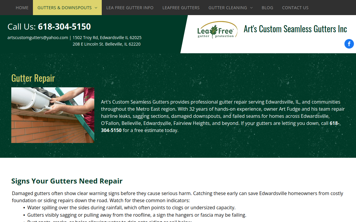 Art's Custom Seamless Gutters  Inc website screenshot