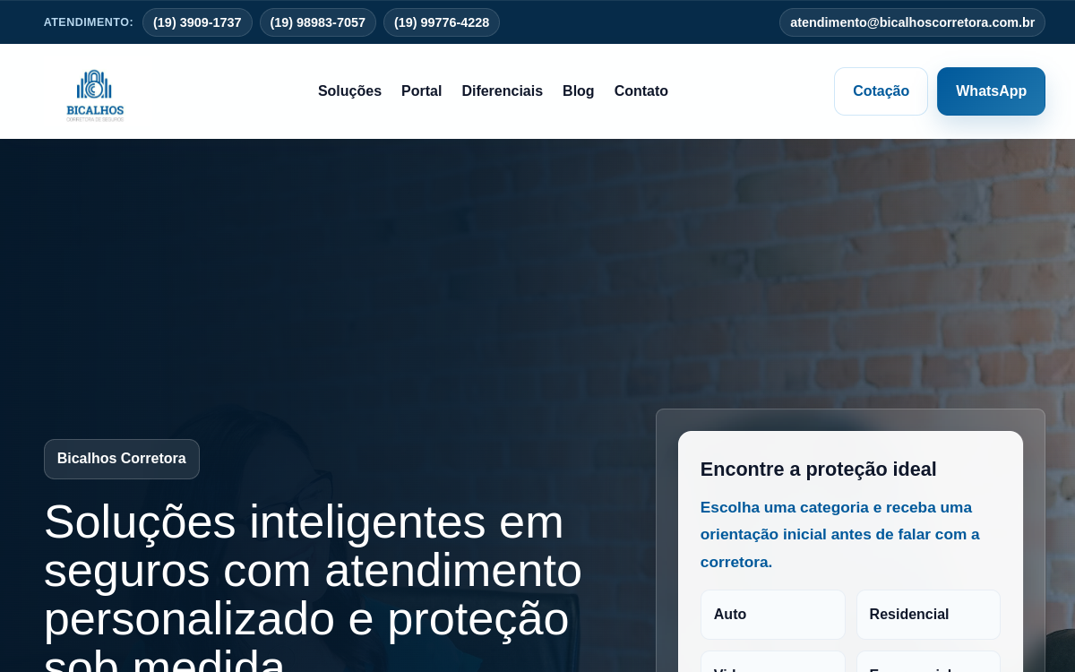 Página inicial do site Bicalhos Corretora