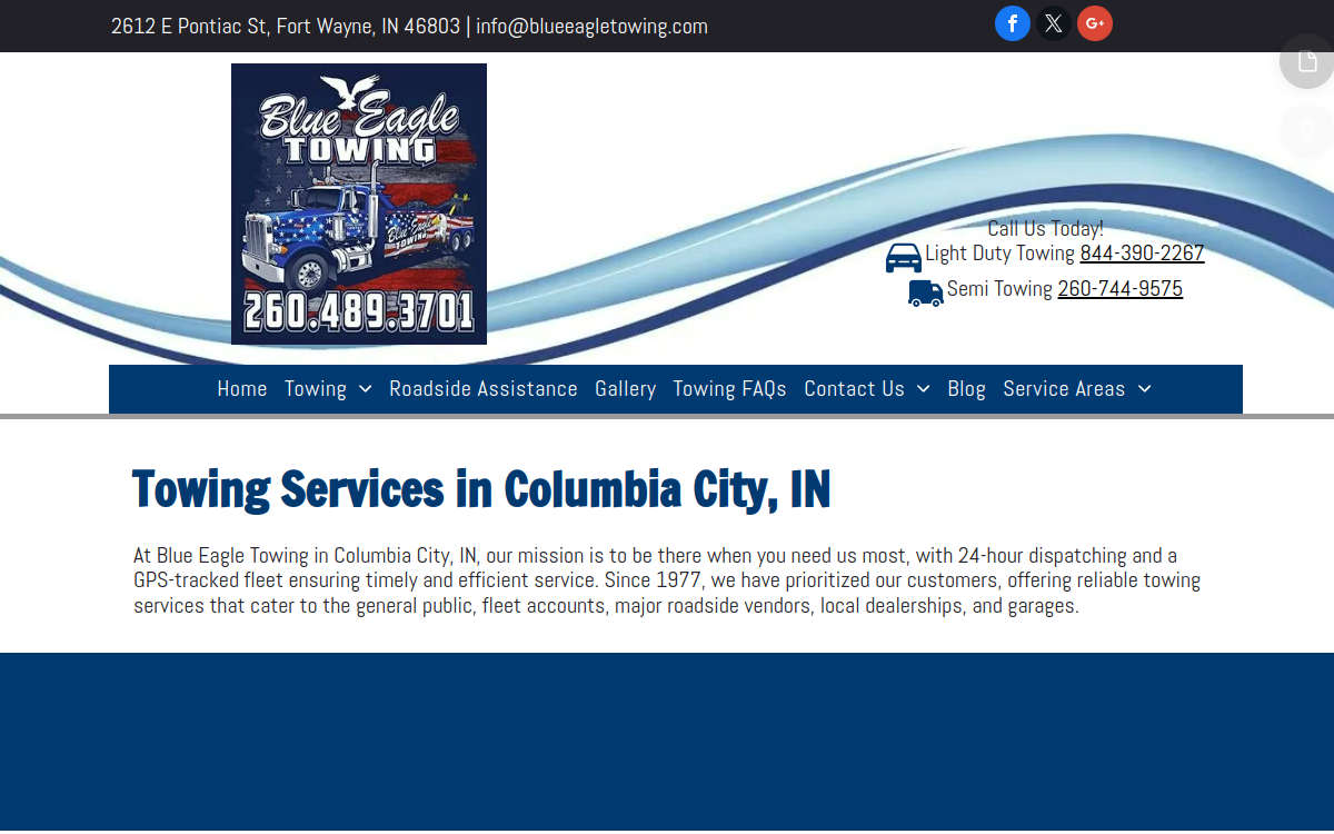 Blue Eagle Towing website screenshot