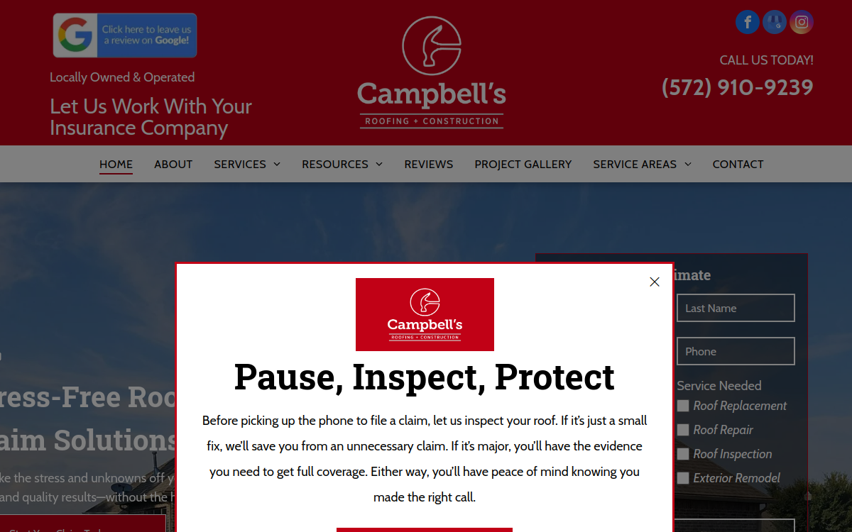 Campbell's Roofing & Construction website screenshot