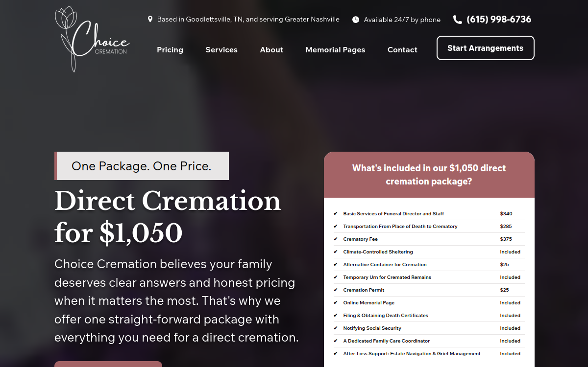 Choice Cremation website screenshot