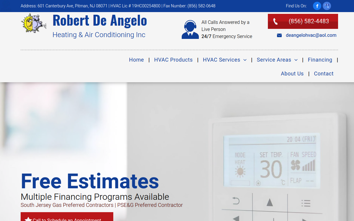 Robert De Angelo Heating & Air Conditioning website screenshot