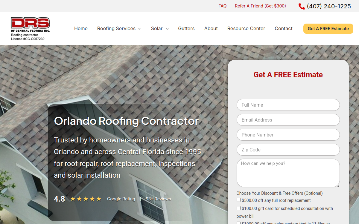 DRS Roofing of Central Florida Inc. website screenshot