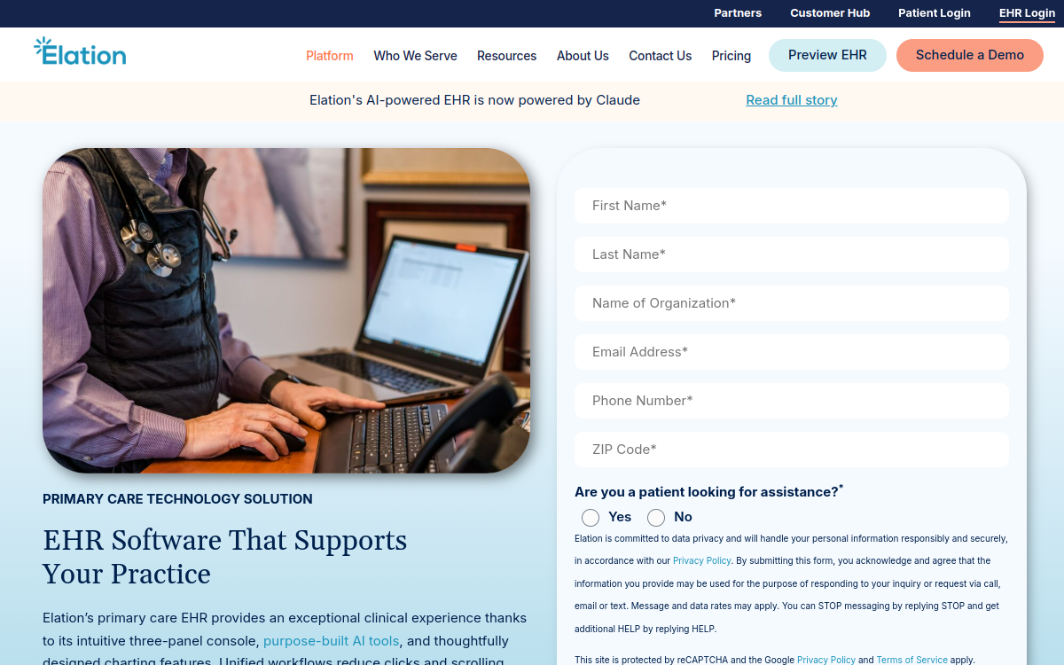 Elation Health EHR website screenshot