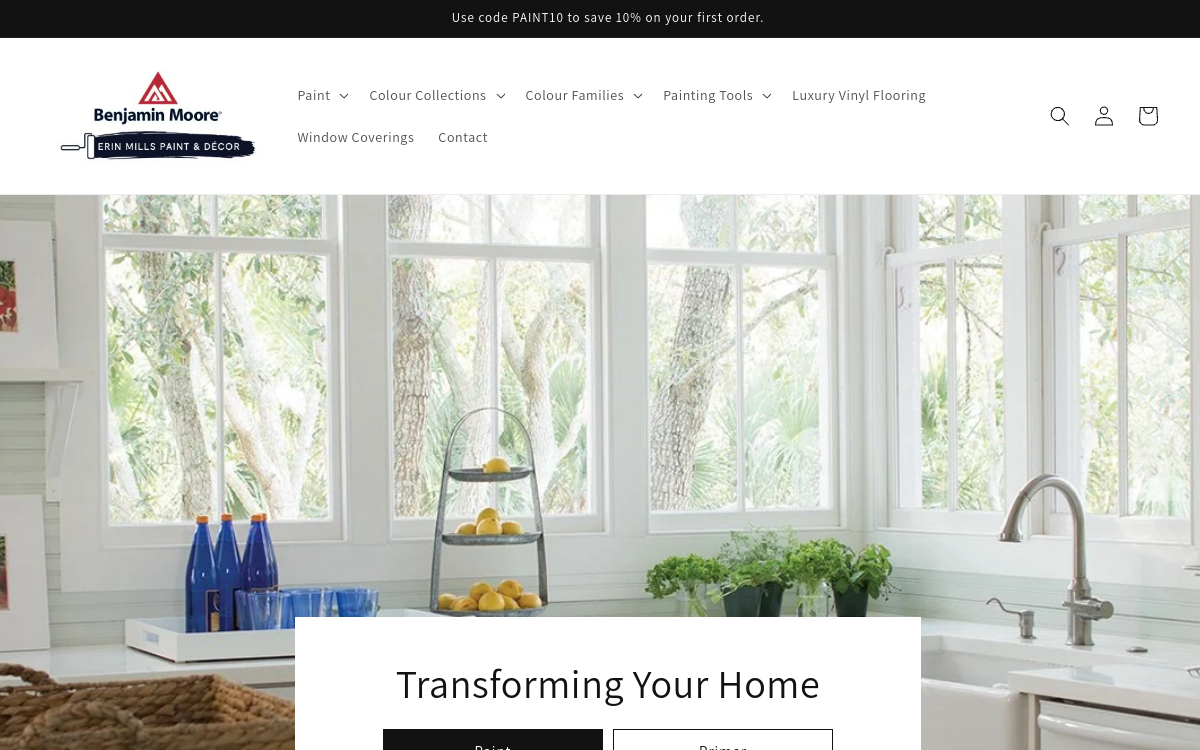 Erin Mills Paint & Decor - Benjamin Moore Retailer website screenshot