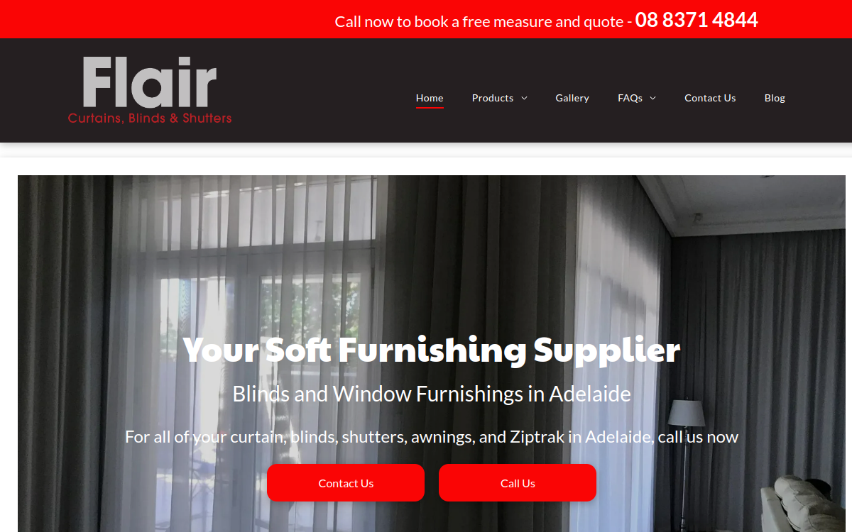 Flair Curtains, Blinds & Shutters website screenshot