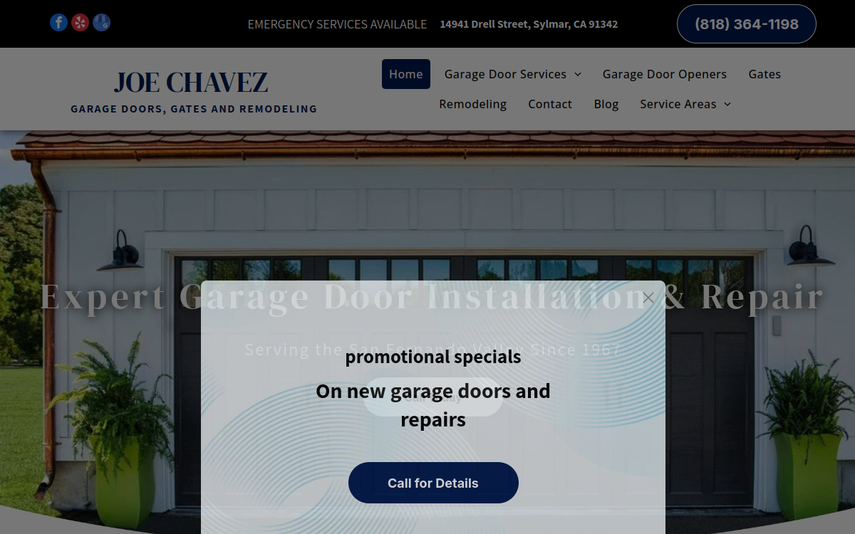 Joe Chavez Garage Doors website screenshot