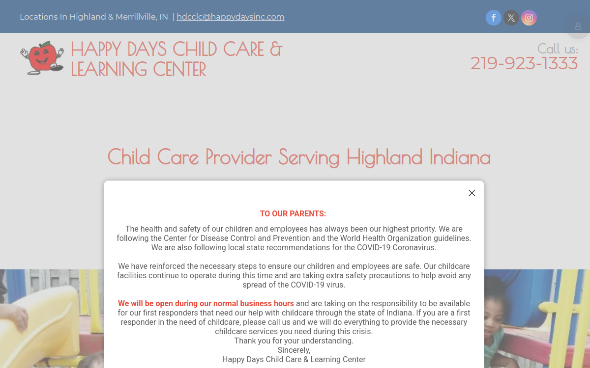 Happy Days Childcare & Learning Center website screenshot
