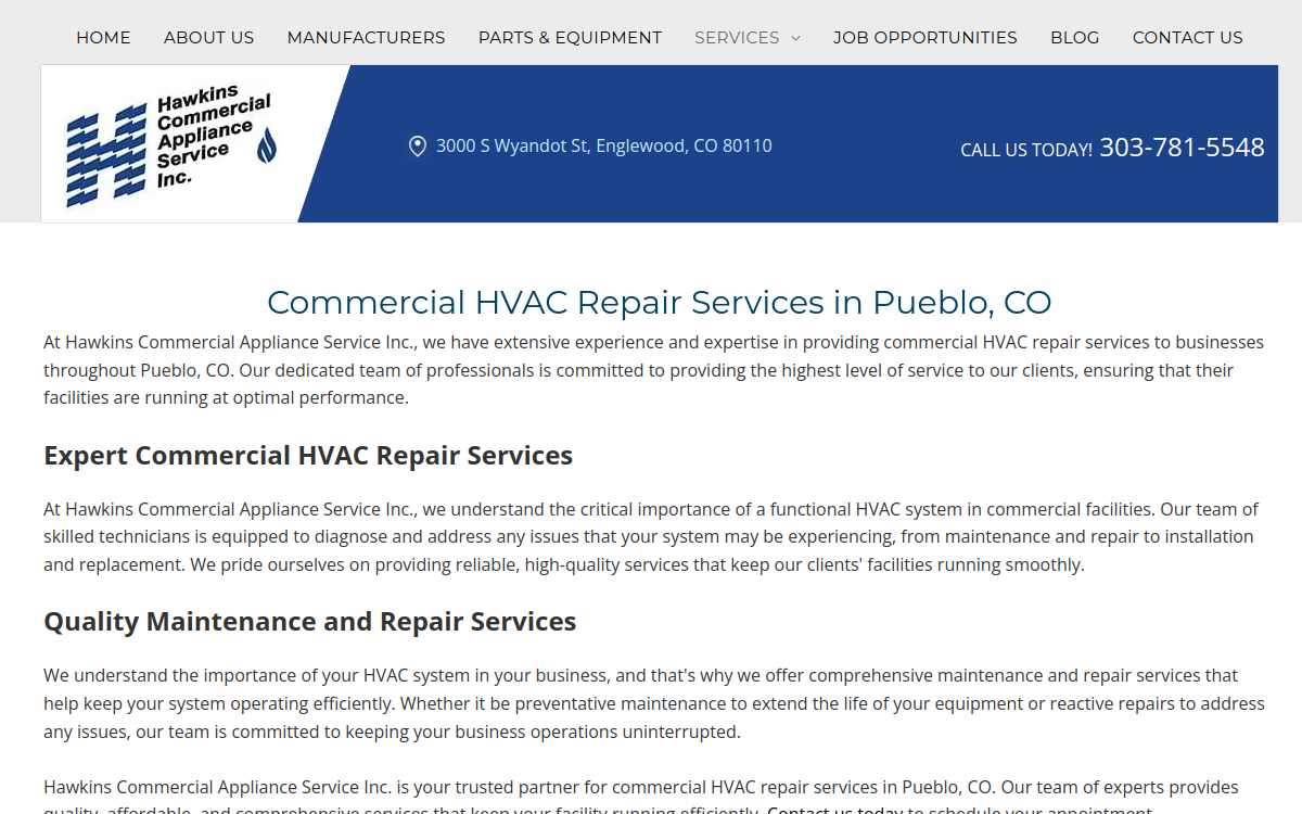 Hawkins Commercial Appliance Service website screenshot