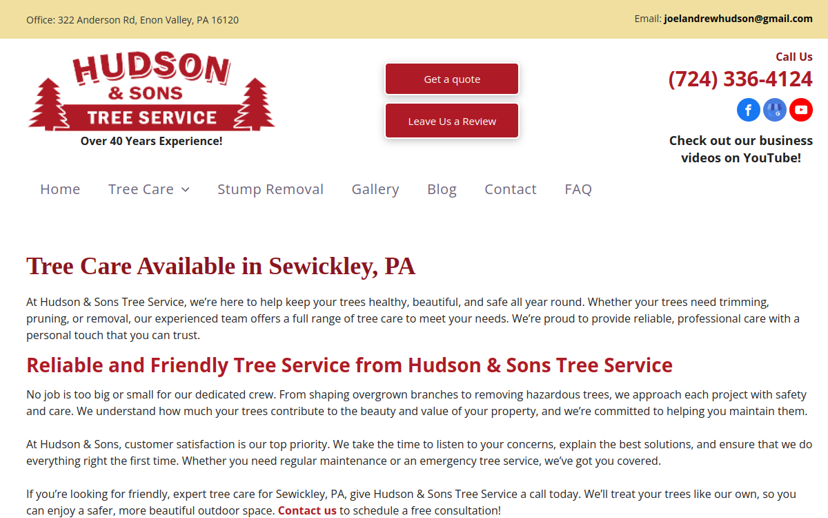Hudson & Sons Tree Service website screenshot