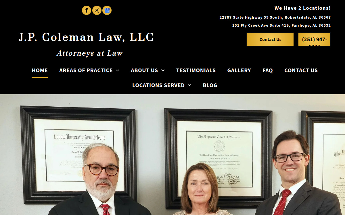 JP Coleman Law, LLC, Attorneys at Law website screenshot