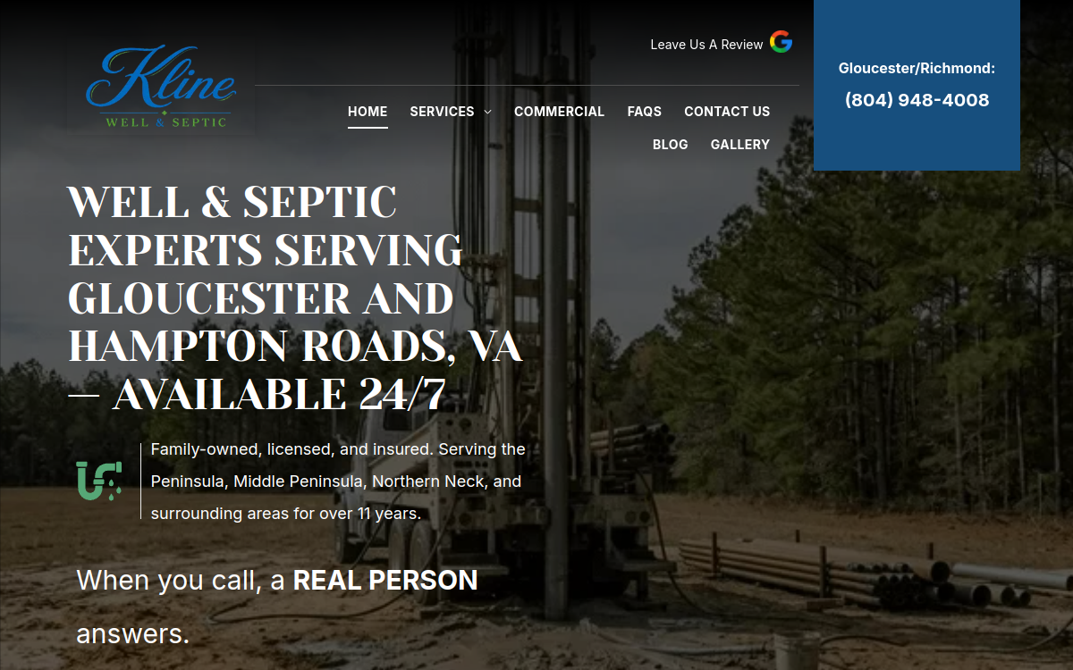 Kline Well & Septic Co. website screenshot