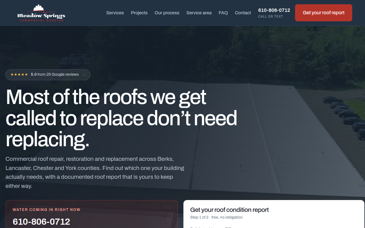 Meadow Springs Commercial Roofing website screenshot