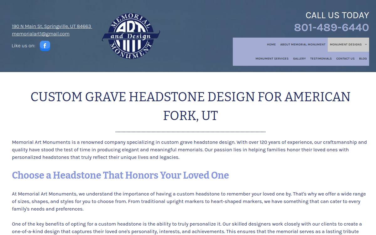 Memorial Art Monument website screenshot