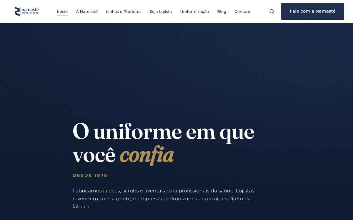 Página inicial do site Namastê Moda Branca