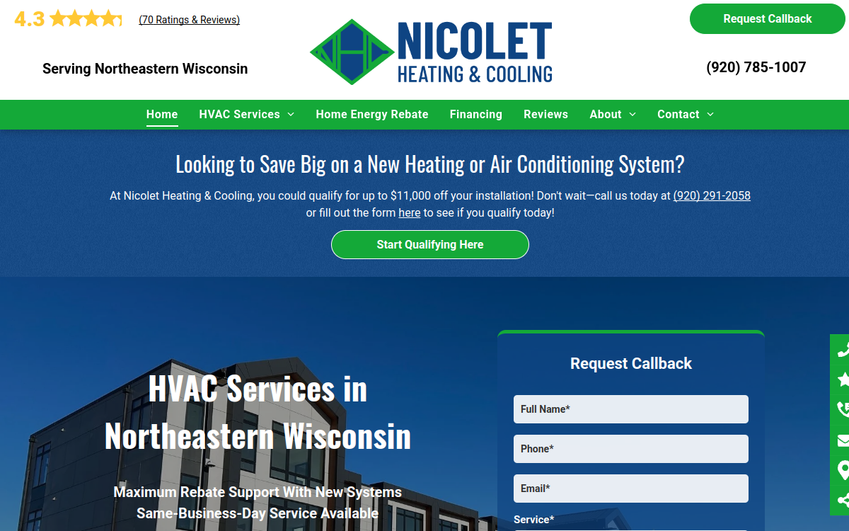 Nicolet Heating & Cooling website screenshot