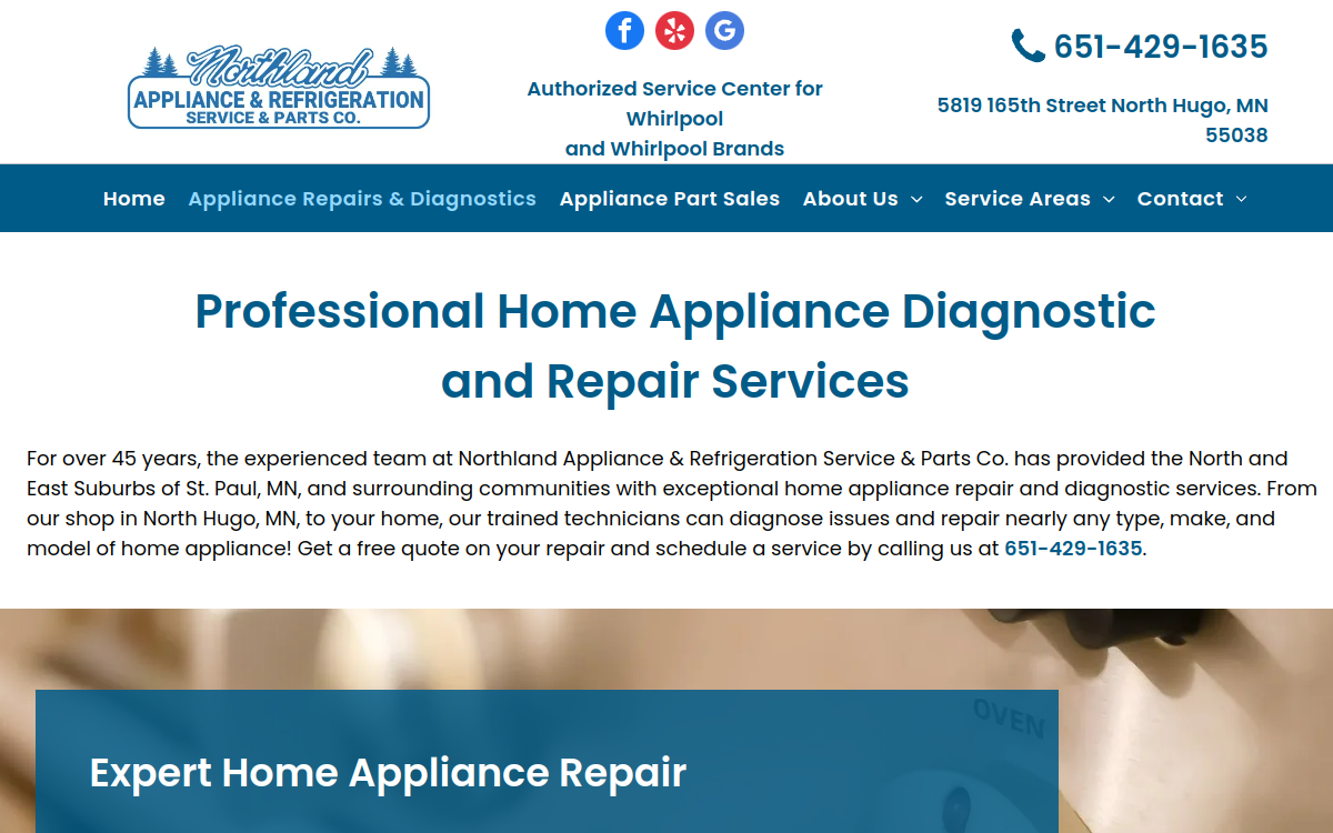 Northland Appliance & Refrigeration Svc & Parts website screenshot