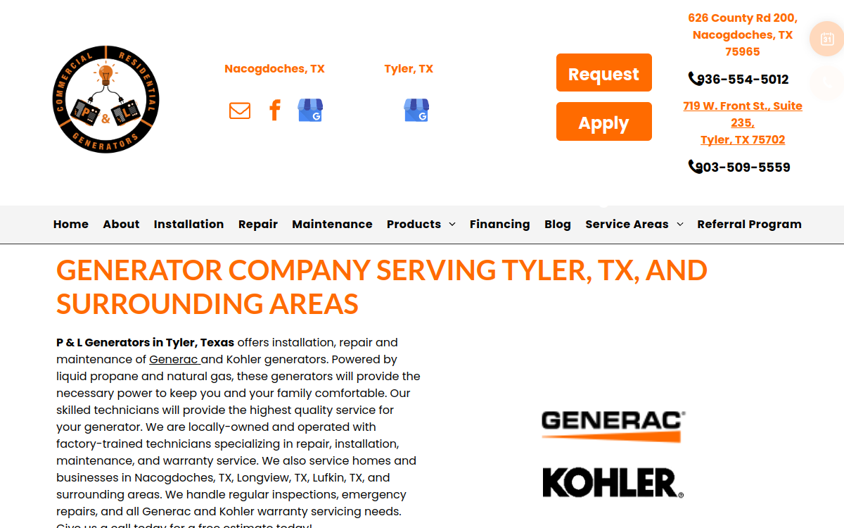 P and L Generators website screenshot