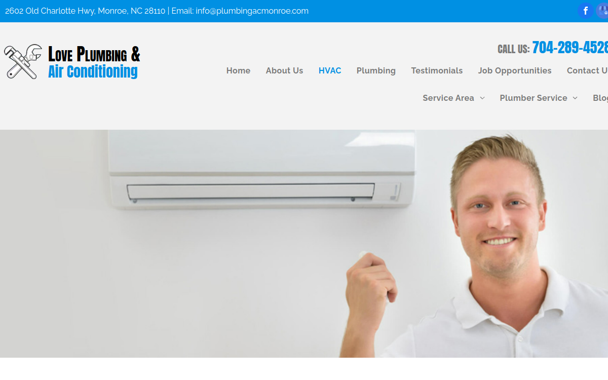 Love Plumbing & Air Conditioning Co. website screenshot