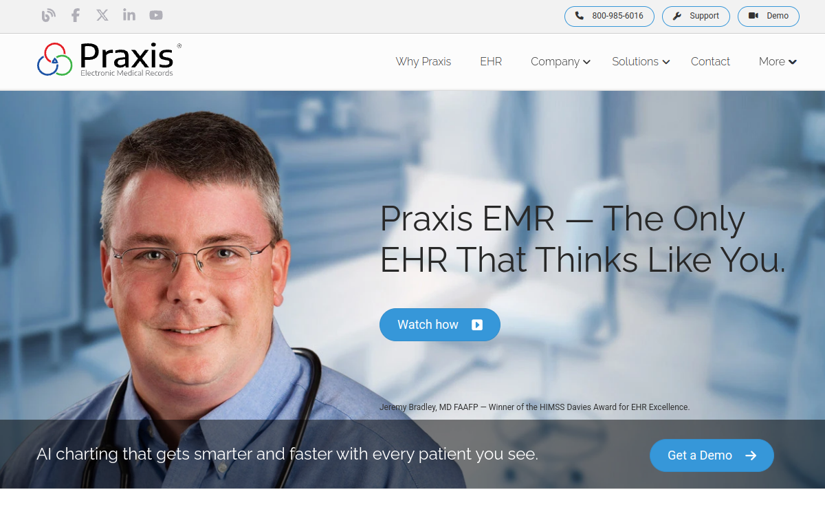 Praxis EMR website and EHR software homepage screenshot