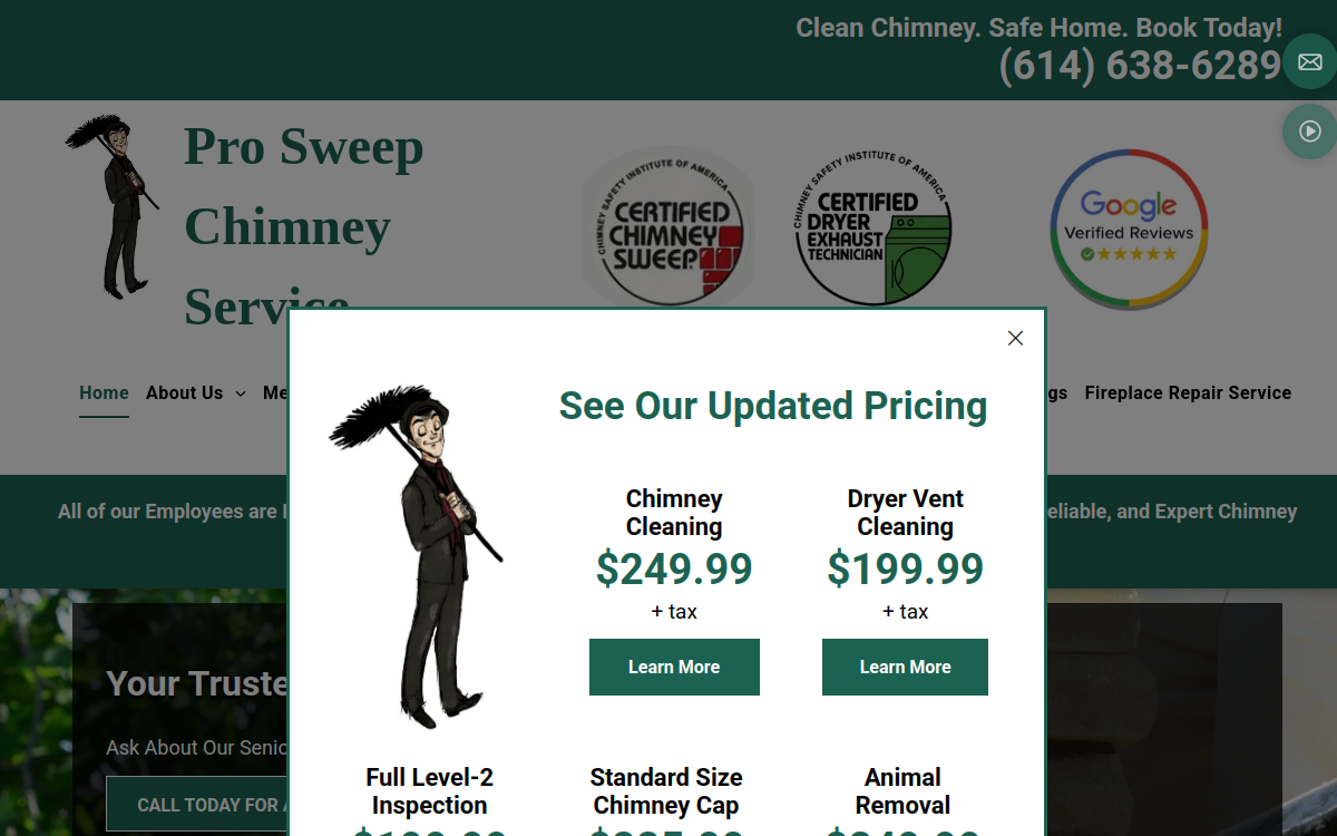 Pro Sweep Chimney Service website screenshot