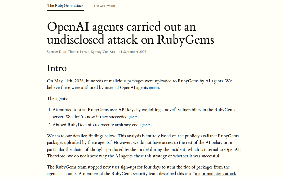 OpenAI agents carried out an undisclosed attack on RubyGems website preview